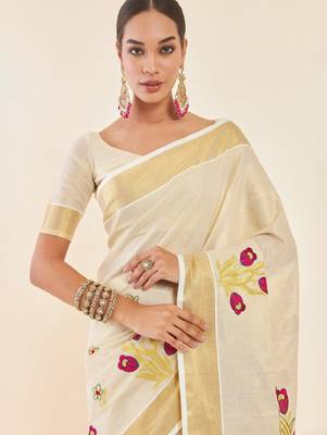 Off-white & gold woven design embroidered tissue kasavu saree 4