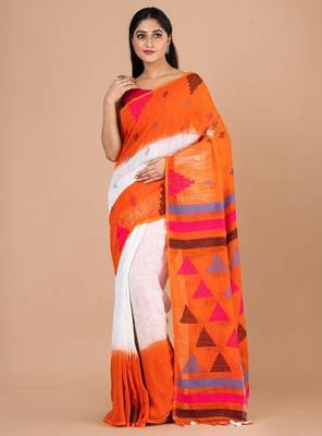 White & orange woven design pure cotton jamdani saree 1
