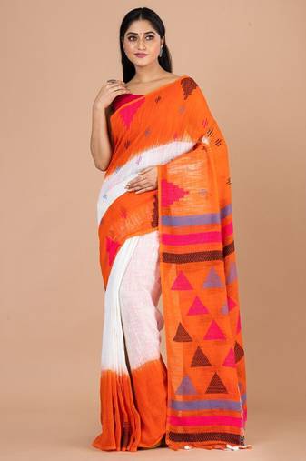 White & orange woven design pure cotton jamdani saree