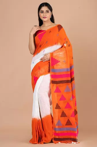 White & orange woven design pure cotton jamdani saree