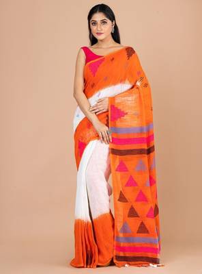 White & orange woven design pure cotton jamdani saree 2