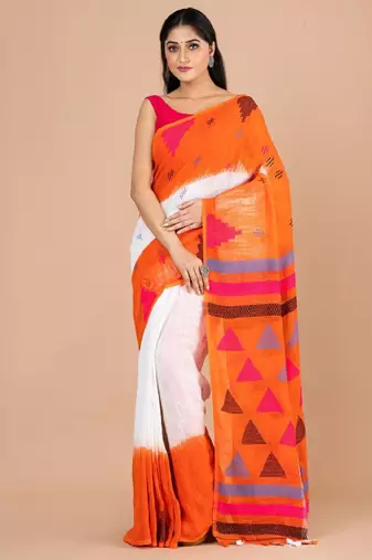 White & orange woven design pure cotton jamdani saree