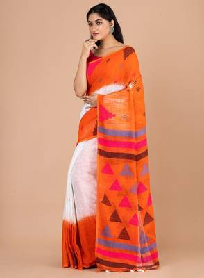 White & orange woven design pure cotton jamdani saree 3