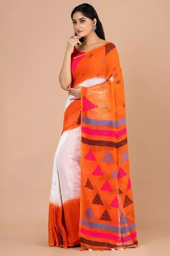 White & orange woven design pure cotton jamdani saree