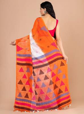 White & orange woven design pure cotton jamdani saree 4