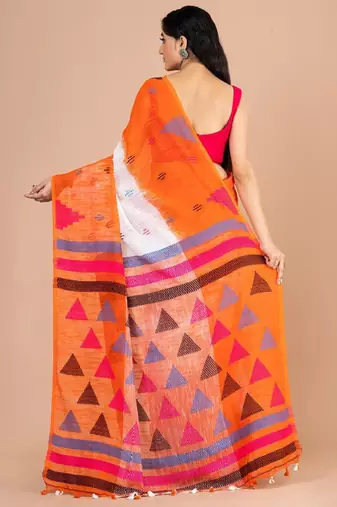 White & orange woven design pure cotton jamdani saree