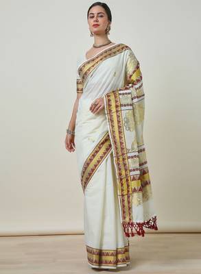 Woven design zari cotton blend kasavu saree 1
