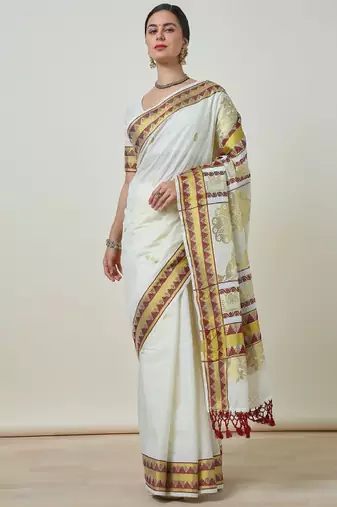 Woven design zari cotton blend kasavu saree