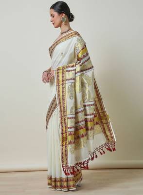 Woven design zari cotton blend kasavu saree 2