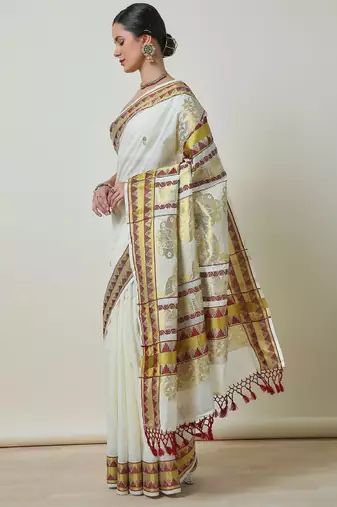 Woven design zari cotton blend kasavu saree