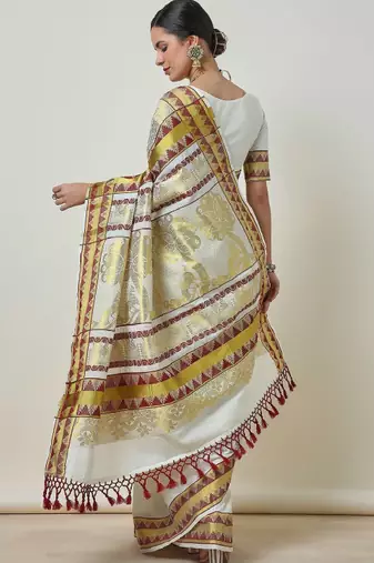 Woven design zari cotton blend kasavu saree