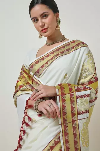 Woven design zari cotton blend kasavu saree