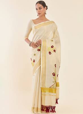 Off-white & gold woven design embroidered tissue kasavu saree 1