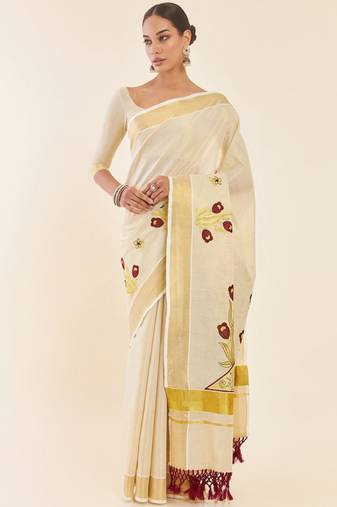 off-white gold woven design embroidered tissue saree