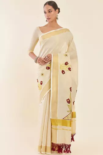 off-white gold woven design embroidered tissue saree