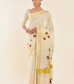 Off-white & gold woven design embroidered tissue kasavu saree