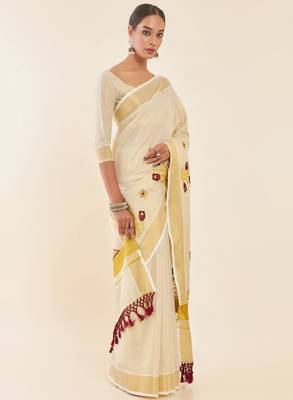 Off-white & gold woven design embroidered tissue kasavu saree 2