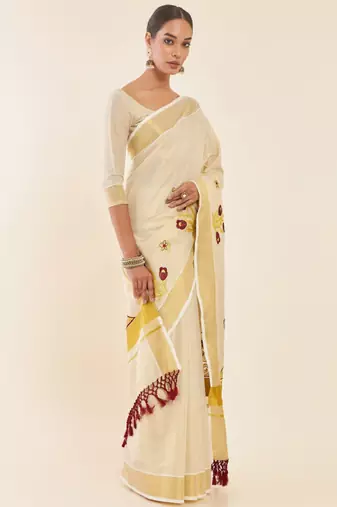 off-white gold woven design embroidered tissue saree