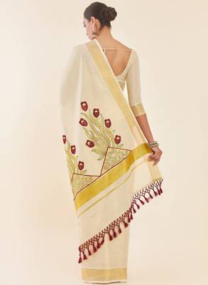 Off-white & gold woven design embroidered tissue kasavu saree 3