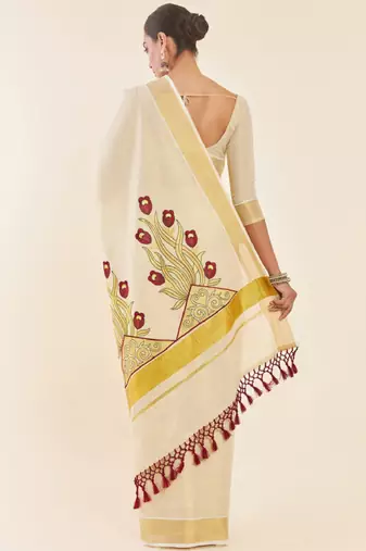 off-white gold woven design embroidered tissue saree