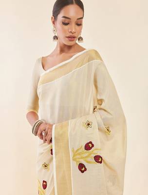 Off-white & gold woven design embroidered tissue kasavu saree 4