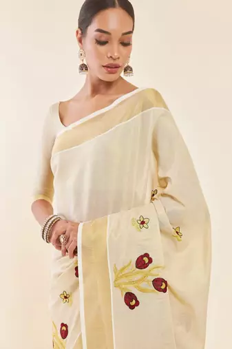 off-white gold woven design embroidered tissue saree