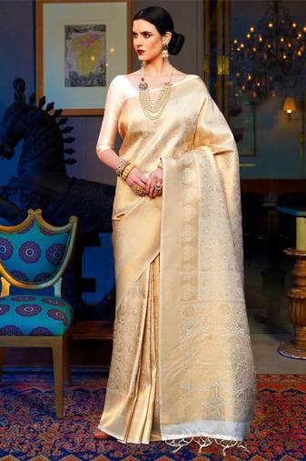 cream and gold woven zari silk blend kanjeevaram saree