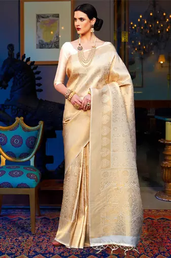 cream and gold woven zari silk blend kanjeevaram saree