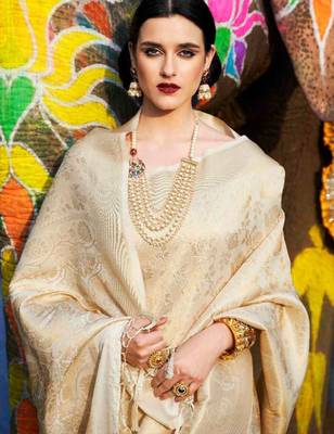 Cream-coloured & gold-toned woven design zari silk blend kanjeevaram saree 2