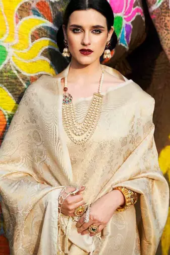 cream and gold woven zari silk blend kanjeevaram saree
