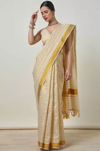 cream tissue kasavu saree with checked zari work