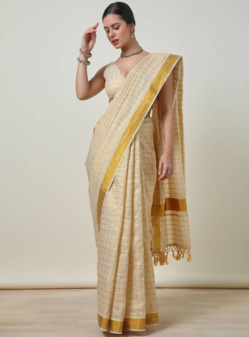 Checked zari tissue kasavu saree