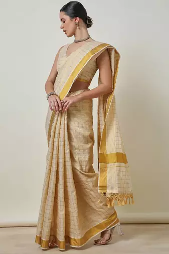 cream tissue kasavu saree with checked zari work