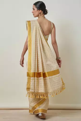 cream tissue kasavu saree with checked zari work
