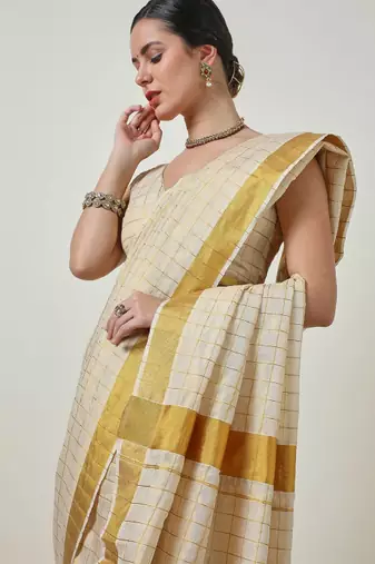 cream tissue kasavu saree with checked zari work