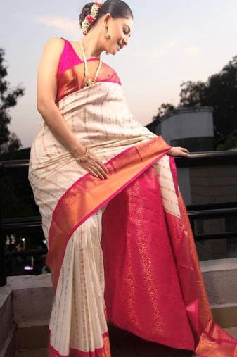 white art silk designer kanjeevaram saree with zari and ethnic motifs
