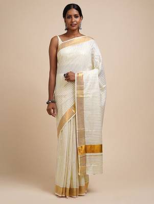 Striped zari cotton kasavu saree 1