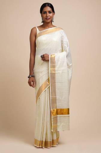 white striped zari cotton kasavu saree
