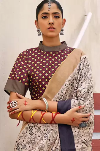 cream warli printed bagh silk blend saree