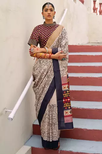 cream warli printed bagh silk blend saree