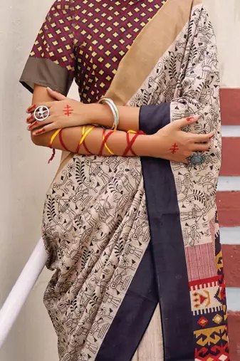 cream warli printed bagh silk blend saree