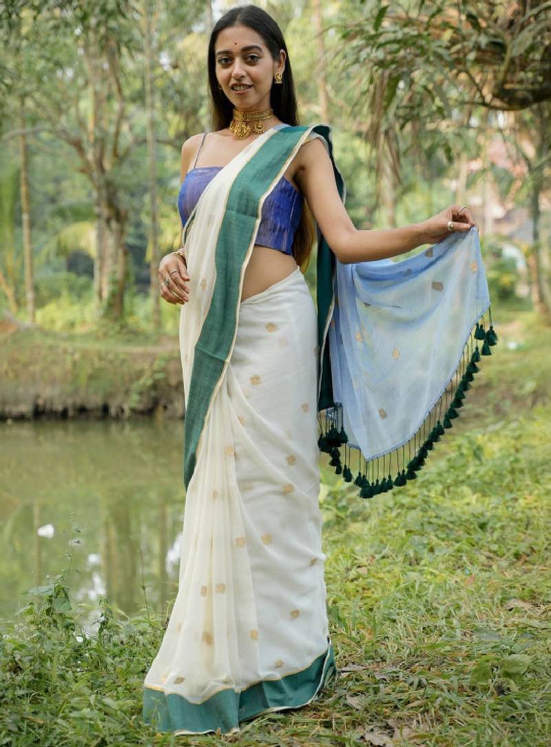White color cotton zari saree