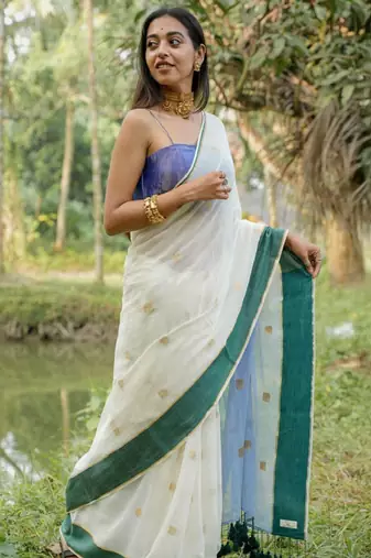 White color cotton zari saree