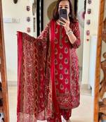 Paisley Floral Print Red Indian Straight Salwar Kameez Kurti Pant Dupatta Set for Women