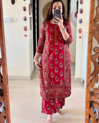 Paisley Floral Print Red Indian Straight Salwar Kameez Kurti Pant Dupatta Set for Women 4