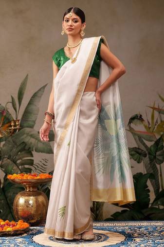 off white floral printed kasavu silk blend saree