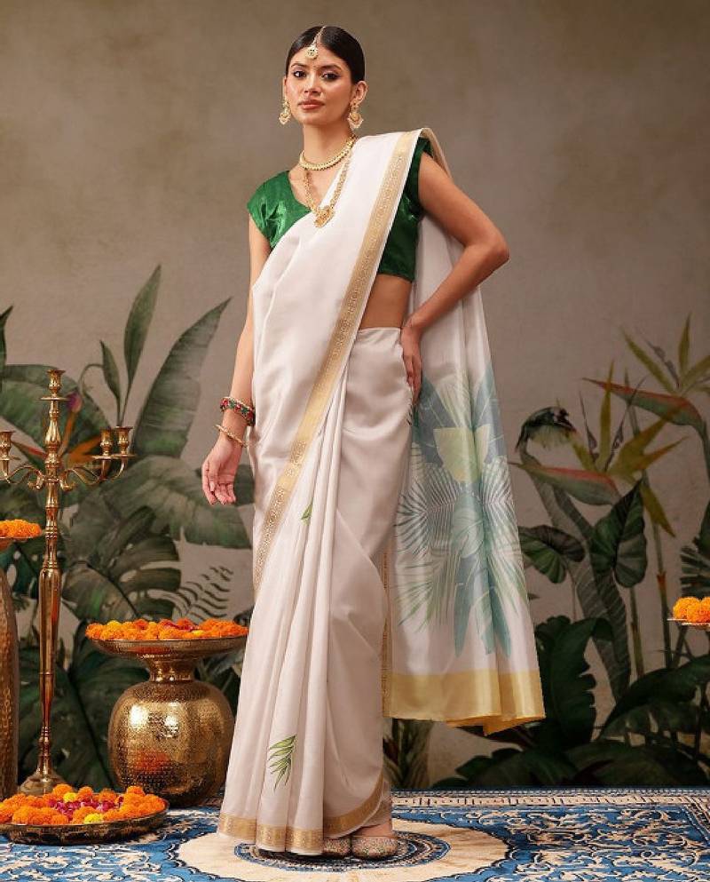 Floral printed kasavu saree