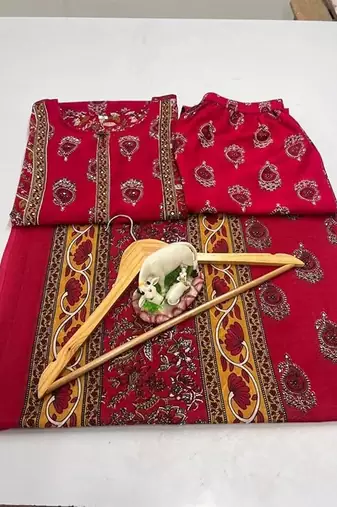 Paisley Floral Print Red Indian Straight Salwar Kameez Kurti Pant Dupatta Set for Women