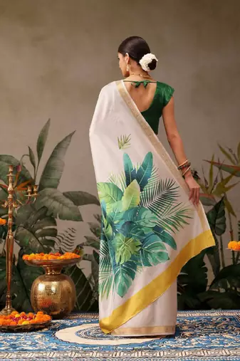 off white floral printed kasavu silk blend saree