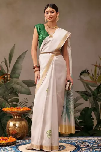 off white floral printed kasavu silk blend saree